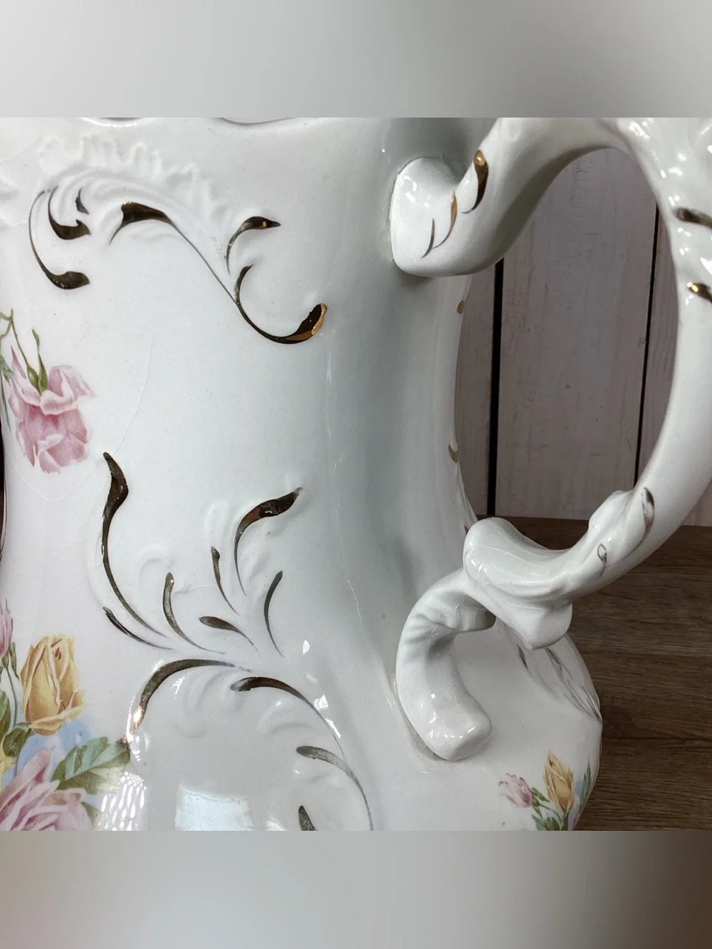 Antique WC Co Semi Porcelain 11” Pitcher Pink & Yellow Roses Gold Leafing Emboss